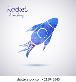 Vector watercolor rocket icon set on space background