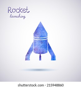 Vector watercolor rocket icon set on space background