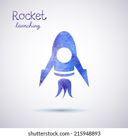 Vector watercolor rocket icon set on space background