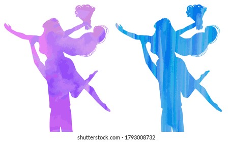 Vector watercolor romantic cheerful couple with bouquet of flowers in blue and purple colors isolated on white background