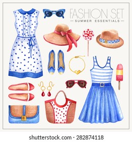 Vector watercolor romantic fashion set of woman's summer clothes and accessories. Vintage hand drawn glamorous outfit with dresses, hats, bags and shoes