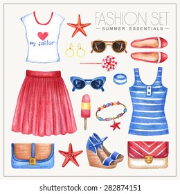 Vector watercolor romantic nautical fashion set of woman's summer clothes and accessories. Vintage hand drawn glamorous outfit with skirt, tops, bags and shoes