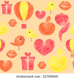 Vector watercolor romantic seamless pattern retro style with a heart symbol, lips, hot-air balloon, present, apple, lolly-pop and a bird