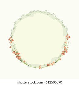 Vector watercolor round floral frame. Hand draw romantic herbal border