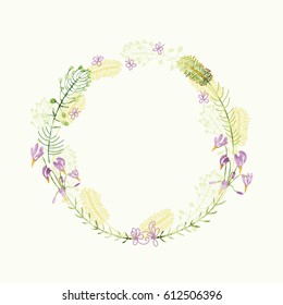 Vector watercolor round floral frame. Hand draw romantic herbal border