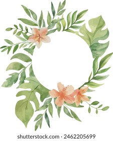 Vector Watercolor round frame with beautiful flowers, monstera, palm leaves. Template space for text. Greeting cards, invitation, gender party, baby shower, birthday, event, holiday, wedding card.