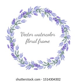 Vector watercolor round frame with floral ornaments and lavender flowers.