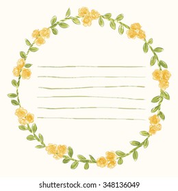 Vector watercolor round frame with roses and foliage elements. Hand draw romantic floral border