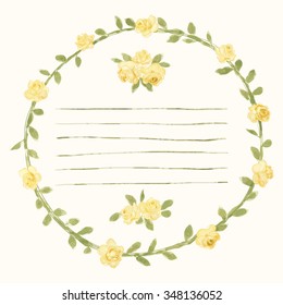 Vector watercolor round frame with roses and foliage elements. Hand draw romantic floral border