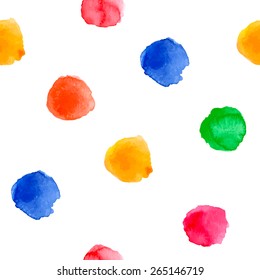 Vector watercolor round shapes seamless pattern in bright red, yellow, blue, green color. Geometric background.