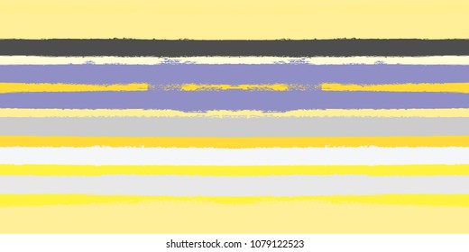 Vector Watercolor Sailor Stripes Summer Pattern. Yellow, White, Purple Hand Painted Stripes for Swimwear or T-Shirt. Autumn Yellow Vintage Fabric Design. Trendy Hipster Retro Drawn Creative Lines.