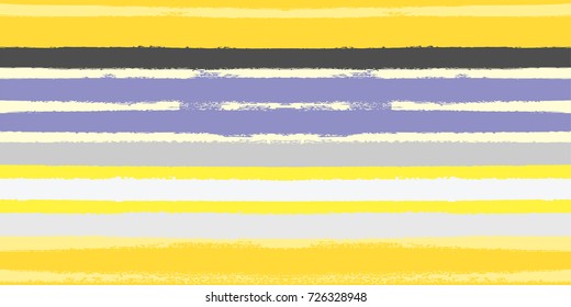 Vector Watercolor Sailor Stripes Summer Pattern. Yellow, White, Purple Hand Painted Stripes for Swimwear or T-Shirt. Autumn Yellow Vintage Fabric Design. Trendy Hipster Retro Drawn Creative Lines.