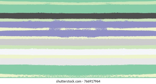 Vector Watercolor Sailor Stripes Summer Pattern. Green, Grey, Turquoise, Purple Hand Painted Stripes for Textile Prints. Autumn Yellow Vintage Fabric Design. Trendy Hipster Retro Drawn Creative Lines.