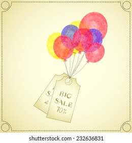 Vector watercolor sale discount label saying "Big sale" flying with colorful red, yellow and blue air balloon vintage style 