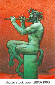 Vector of watercolor of Satyr playing the flute for wine list menu card design template or Greece or Italy travel agency poster