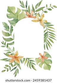 Vector Watercolor savannah frame with flowers and leaves. Template space for text. Greeting cards, invitation, gender party, baby shower, birthday, event, holiday, wedding card, printable, png.