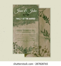 Vector Watercolor Save The Date Card In Rustic Style With Green Leaves On Craft Paper.