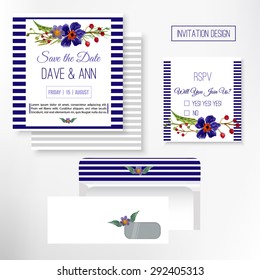 Vector watercolor save the date card in rustic style with green leaves and flowers.