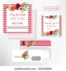 Vector watercolor save the date card in rustic style with green leaves and flowers.EPS10
