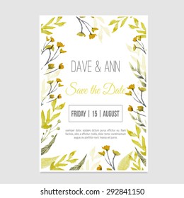 Vector watercolor save the date card in rustic style with green leaves on craft paper.