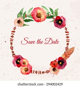 Vector watercolor save the date floral wreath with vintage leaves and flowers. Artistic vector design for banners, greeting cards,sales, posters. EPS10