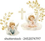 Vector watercolor scene. Angels on a cloud. Baptism, greeting cards, invitation, wedding card, save the date, celebration and anniversary, birthday, party, event, holiday and print.