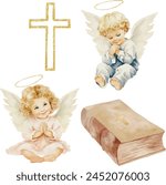 Vector watercolor scene. Girl and boy are angels on a cloud. Baptism. Vector watercolor scene. Angel girl and boy on a cloud, bible. Baptism, greeting cards, invitation and wedding card, save the date