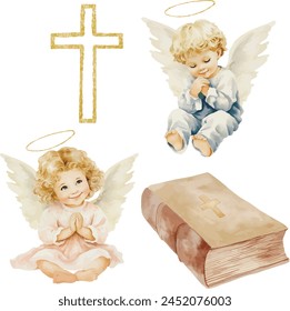 Vector watercolor scene. Girl and boy are angels on a cloud. Baptism. Vector watercolor scene. Angel girl and boy on a cloud, bible. Baptism, greeting cards, invitation and wedding card, save the date