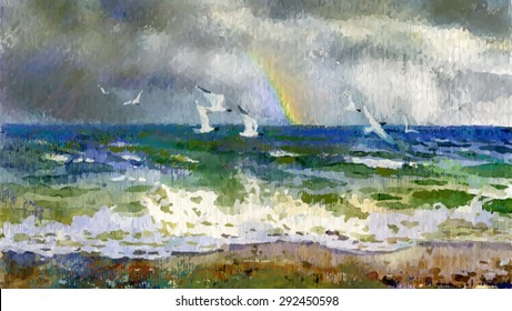 Vector of watercolor of sea with rainbow and seagulls