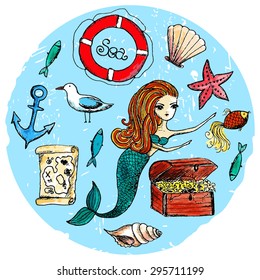 vector watercolor sea set