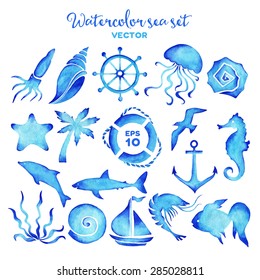 Vector watercolor sea set of design elements.