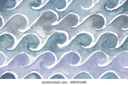 Vector watercolor seamless background with calm gray sea hand drawn waves