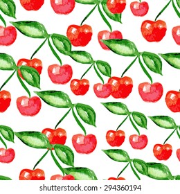 Vector watercolor seamless bright cherry pattern, berry summer ornament, fashion print for fabric, watercolor pencil drawing