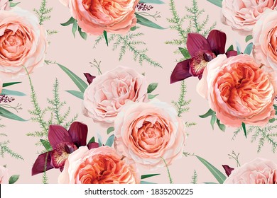 Vector, watercolor seamless floral pattern, textile fabric background design. Blush peach, light pale coral Rose flowers, burgundy orchid, greenery fern leaves, eucalyptus bouquet. Botanical wallpaper