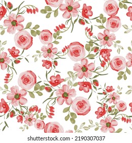 Vector, watercolor seamless floral pattern, textile fabric background design. Beautiful red rose and greenery flowers, greenery leaves, bouquet. Botanical wallpaper.