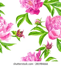 vector watercolor seamless floral pattern with flowers of pink peony, buds, leaves and seeds, hand drawn background, textile ornament