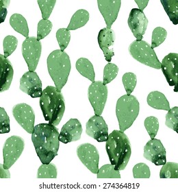 Vector watercolor seamless Opuntia cactus pattern background