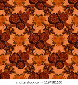 Vector watercolor seamless pattern. Beautiful abstract decorative rose flowers in orange, brown and red colors.