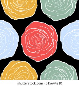 Vector watercolor seamless pattern. Beautiful abstract decorative rose flowers on black in yellow, pink and neutral colors.