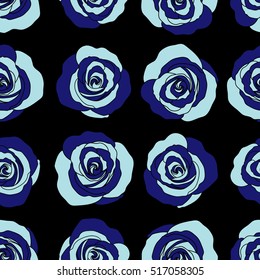 Vector watercolor seamless pattern. Beautiful abstract decorative rose flowers on black in blue colors.