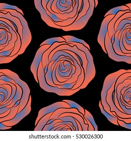 Vector watercolor seamless pattern. Beautiful abstract decorative rose flowers on black in blue and orange colors.