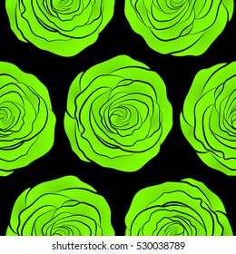 Vector watercolor seamless pattern. Beautiful abstract decorative rose flowers on black in green colors.