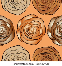 Vector watercolor seamless pattern. Beautiful abstract decorative rose flowers in brown, beige and orange colors.