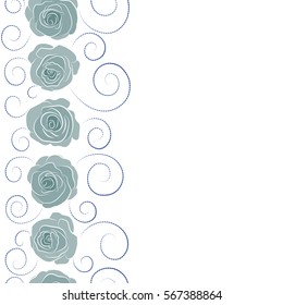 Vector watercolor seamless pattern. Beautiful abstract decorative vertical rose flowers in blue colors with copy space (place for your text).