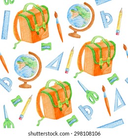 Vector watercolor seamless pattern with bright colorful school supplies. Child pencil drawing style. Back to school theme.