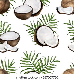 Vector watercolor seamless pattern with coconuts and tropical leaves.