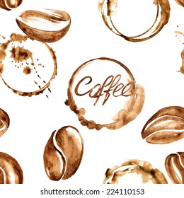 Vector watercolor seamless pattern with coffee beans and spilled coffee stains