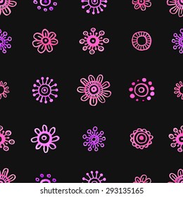 Vector watercolor seamless pattern with color circles elements. Bright pink and violet flowers on black background.