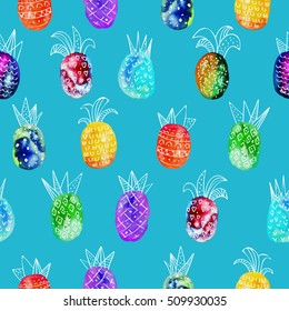 Vector watercolor seamless pattern with colorful rainbow pinapple and light hand-drawn elements. On blue background. Creative design. Modern style. Red, green, yellow, orange color