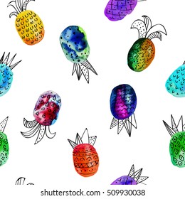 Vector watercolor seamless pattern with colorful rainbow pinapple and black hand-drawn elements. On white background. Creative design. Modern style Red, green, yellow, orange color